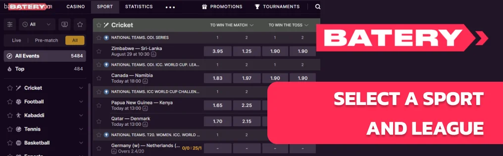 Select a sport on Batery Bet